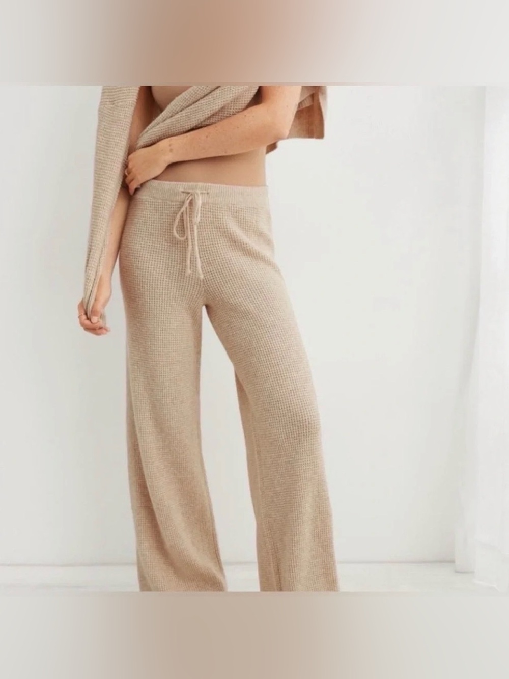 aerie Waffle-Knit Wide Leg Pants - Tan